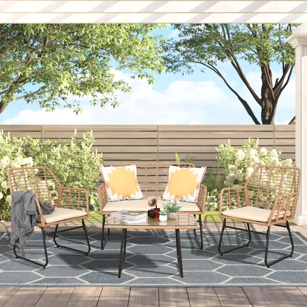 

4 Piece Patio Conversation Sets, Wicker Furniture Sets, Backyard & Front Porch, Beige