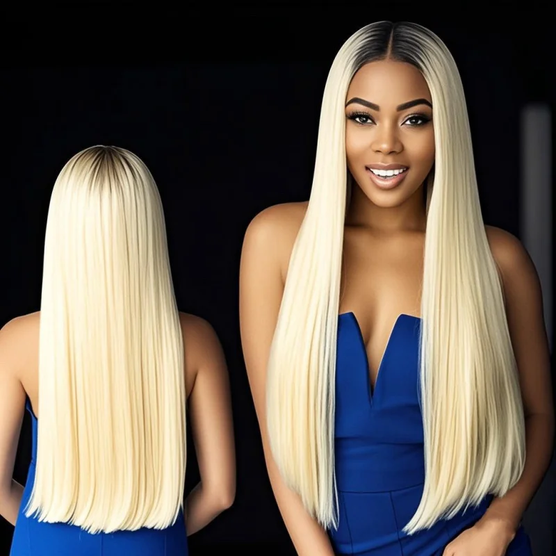 

European and American women's gradient long straight synthetic hair full wig