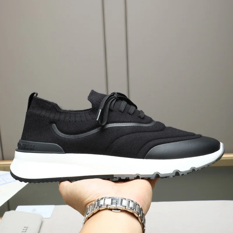 Wear resistant and non slip men's cushioned lightweight luxury high elasticity knitted fabric casual sports shoes