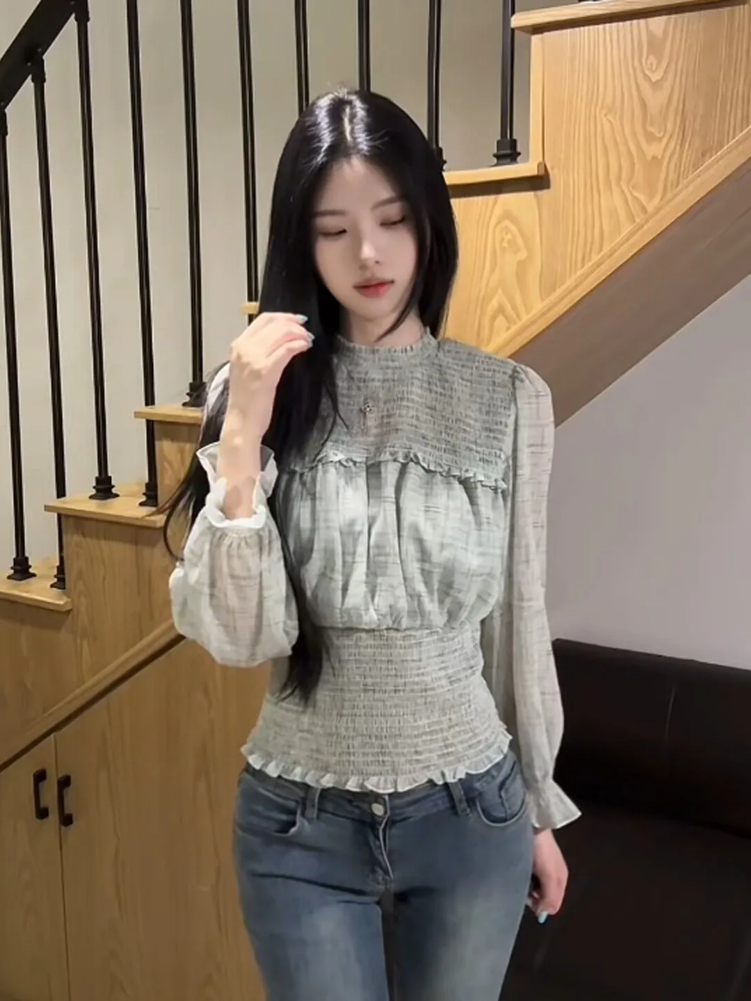 

Slimming Effect T-Shirt Unique Waist-Cinching Gentle Style Long Sleeve round Neck Color Casual Comfortable Women's Shirt