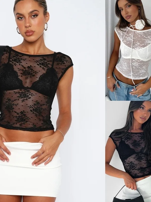 قميص نسائي صيفي مثير بظهر مكشوف وشبكة، بأكمام قصيرة رقيقة وطباعة، ياقة دائرية منخفضة، مريح وقابل للتنفس