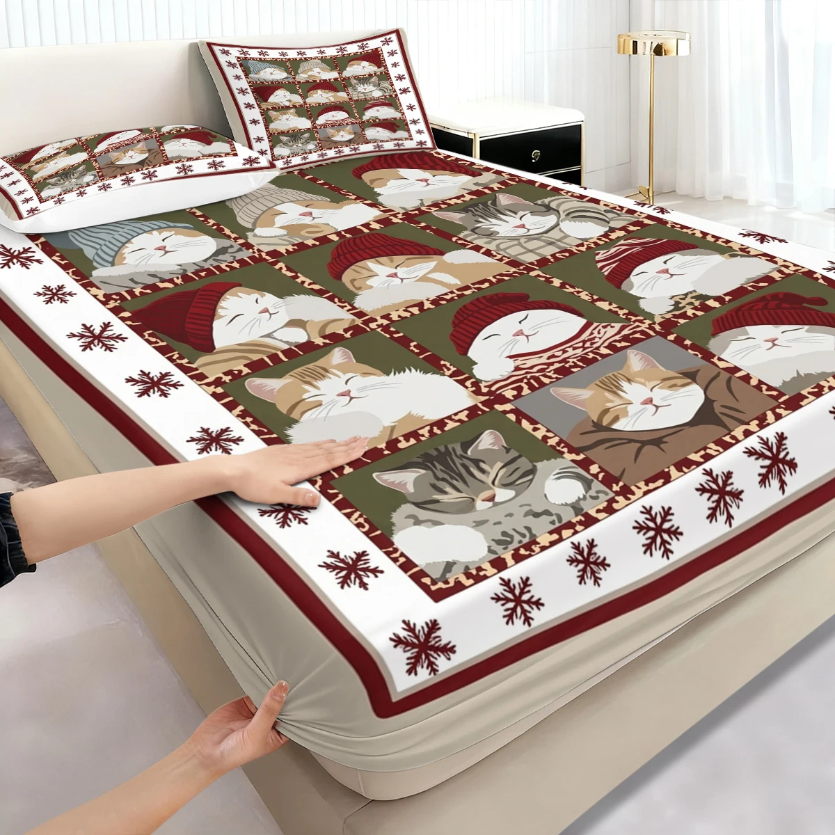 Holiday Snowflake Frame Kitten Fitted Sheet 3PCS, Nine Grid Winter Hat Tabby Cat Pattern Elastic Mattress Cover with Pillowcases