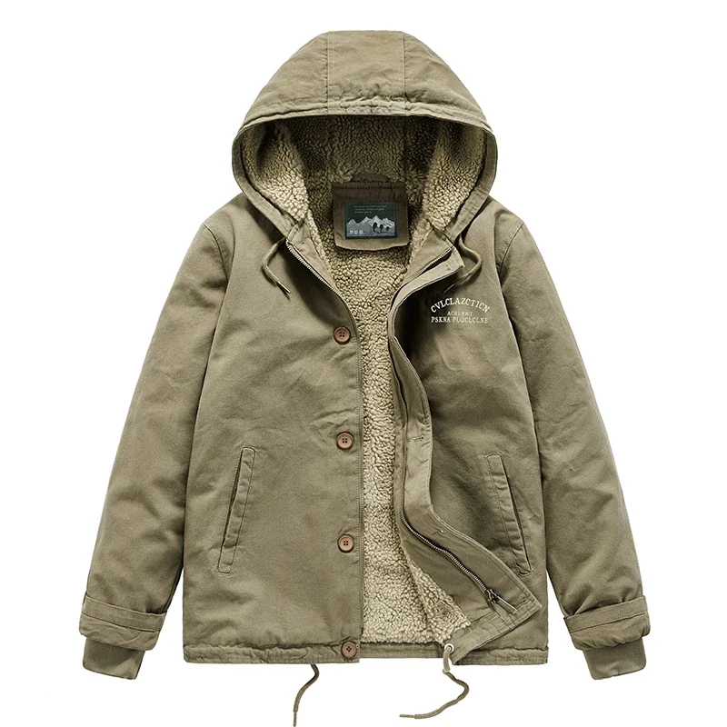 

Men's Parkas Jacket Lambskin Jacket Outdoor Hooded Plush Warm Parkas Casual Jacket Cotton Jacket Loose Plus Size Cotton Jacket