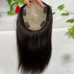 Clip in Silk Base Closure Hair for Women Middle Part Straight Topper Human Hair Thin Clip on Top Hairpiece Natural Color 13x15cm