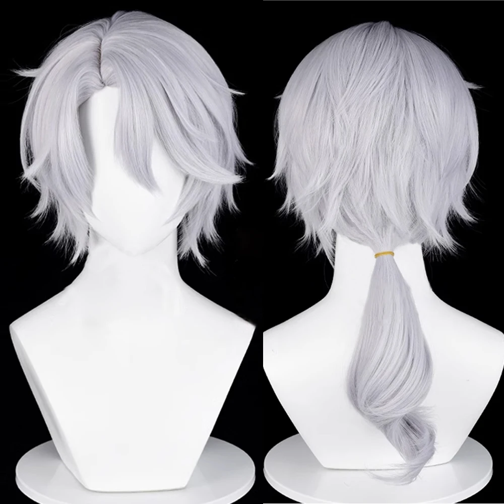 Silver Grey Men Cosplay Wig Short Straight Layered Long Ponytail Heat Resistant Synthetic Wig for Anime Costume Party