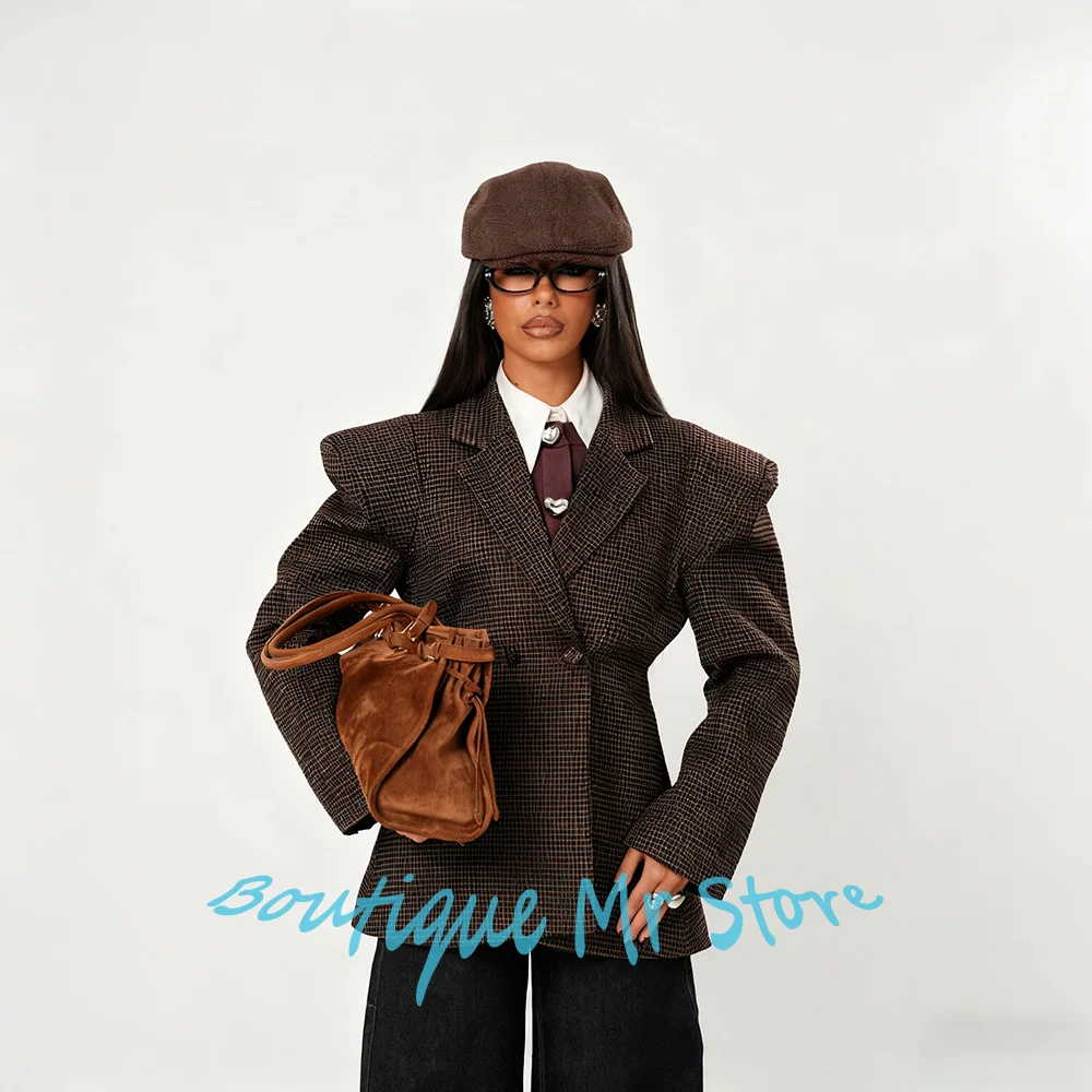 Retro Women's Brown Suits 2Piece(Tailored Jacket+Pants) Set Double Breasted Notch Lapel Checked Blazer Vintage Professional Wear