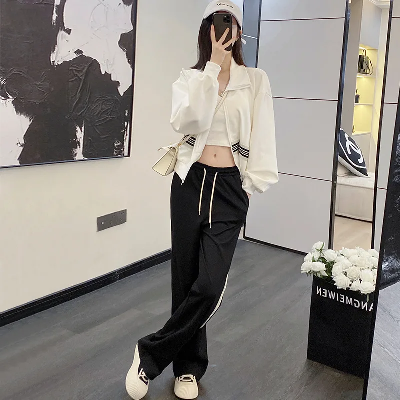 Autumn Winter Fashion Striped Jacket Pants Two Piece Set For Women Korean Zipper Coat New Casual Trousers Suit Female Tracksuit