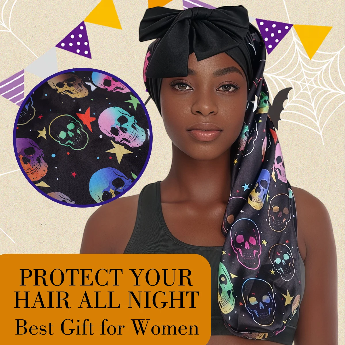 1PC Halloween Spooky Skull Print Satin Bonnet Oversized Adjustable Ribbon Sleep Cap for Long And Natural Hair