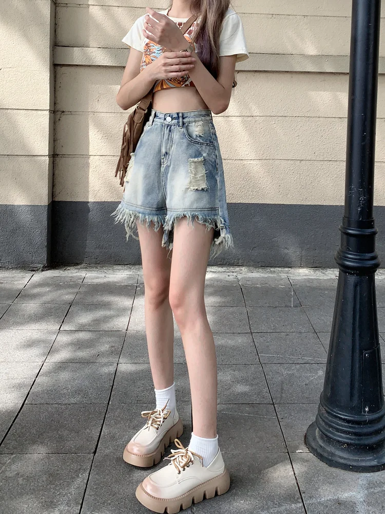 Damskie spodenki jeansowe w stylu retro, postarzane, plus size, z wysokim stanem, z dziurami i postrzępionymi brzegami, jesienne, w stylu spicy girl, casualowe.