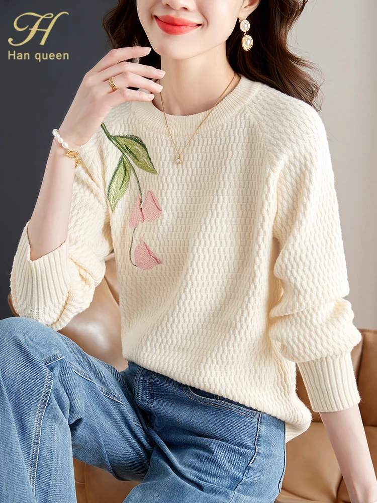 H Han Queen Korean Tops New Korean Elastic Knit Pullovers Sweaters Chic O-Neck Autumn Bottoming Embroidery Casual Sweater Women