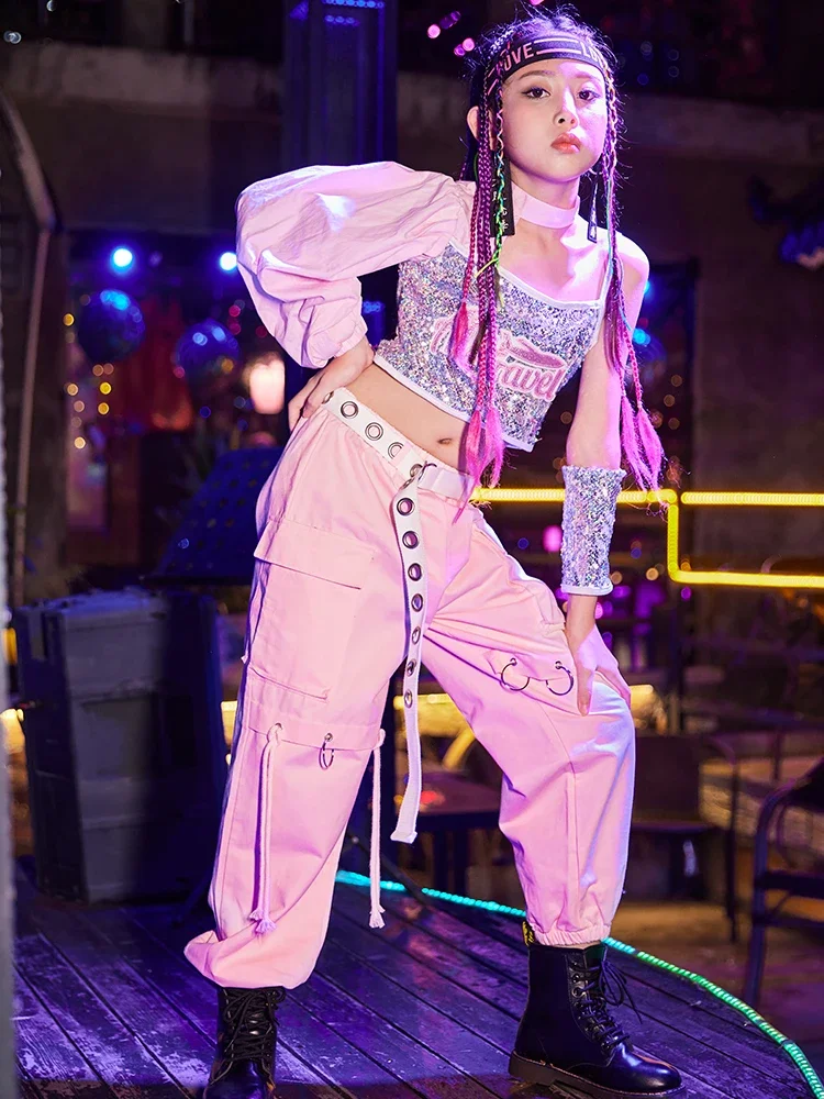 

Girls Sequins Hiphop Jazz Dancing Costume School Modern Street Dance Performance Team Clothes Kids Cheerleading Show Wear