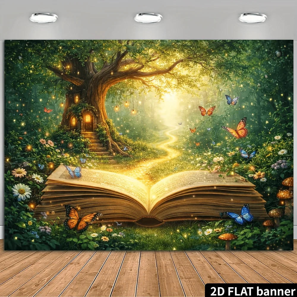 Magic Forest Tree House Open Book Butterfly 2D Flat Tapestry Backdrop For Kids Room Decor Fantasy StorybookWall Hanging ArtPrint