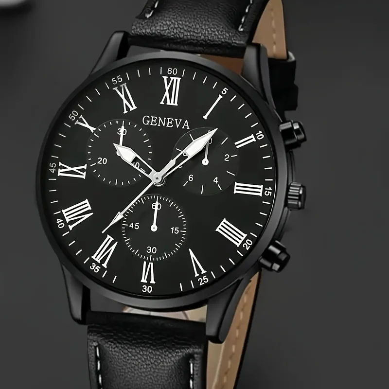 4pcs/set Men's PU Strap Black Roman Numeral Quartz Watch+accessory Set, Casual Business Sports Style, Men's Watch Set (no Box)