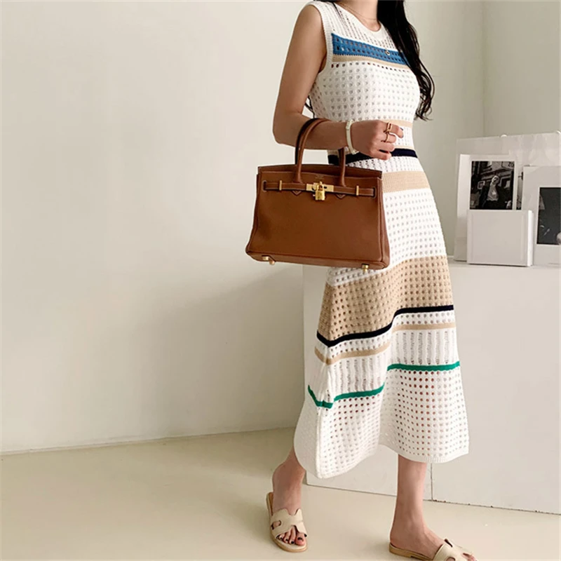 REALEFT Summer Lace Crochet 2 Pieces Women\'s Suits O-Neck Sleeveless Hollow Out Midi Dresses Outfit Sets Female 2024 New