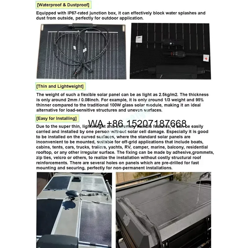 Wmwmnu 200W Full Flexible Solar Panel for Car Roof Balcony Boat Marine Use High Efficiency Outdoor Applications