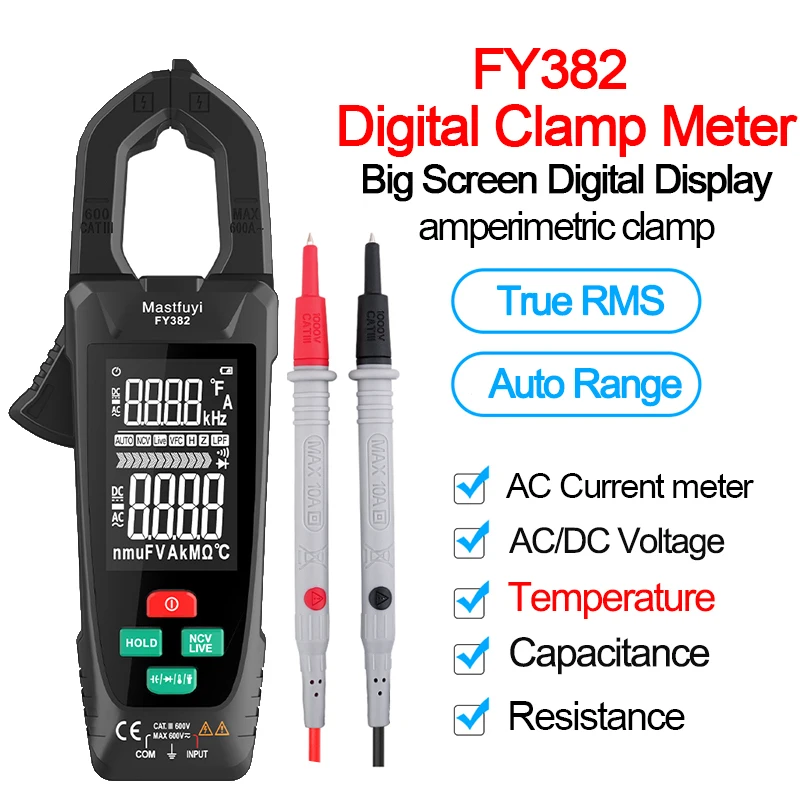 FY385 Digital Clamp Meter AC/DC Amperimetric Clamp Auto Range True RMS Ammeter Pliers Capacitance Temp Current Clamp Multimeter