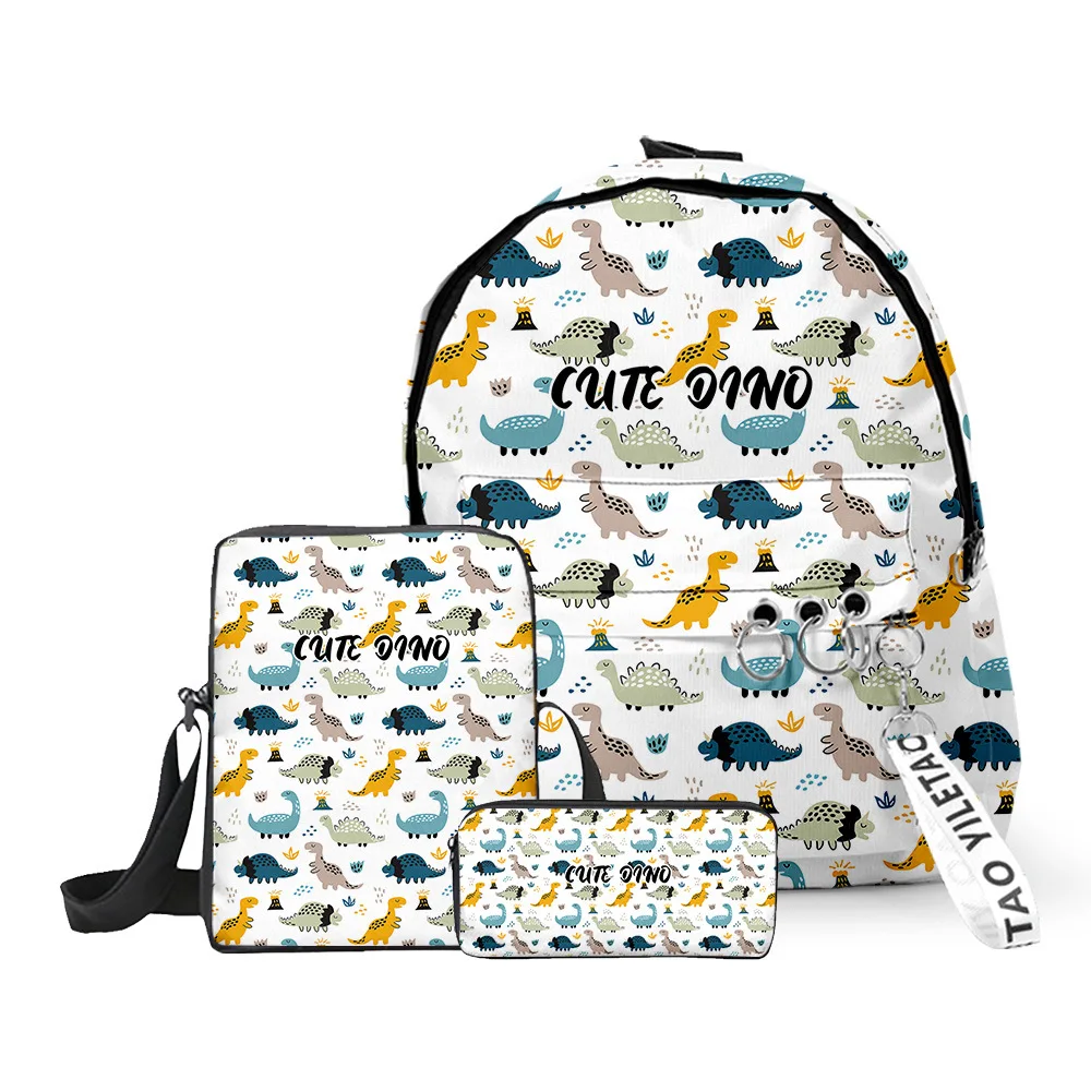 Lusso popolare divertente dinosauro stampa 3D 3 pezzi / set borse da scuola per alunni Oxford portachiavi zaino borsa a tracolla inclinata astuccio