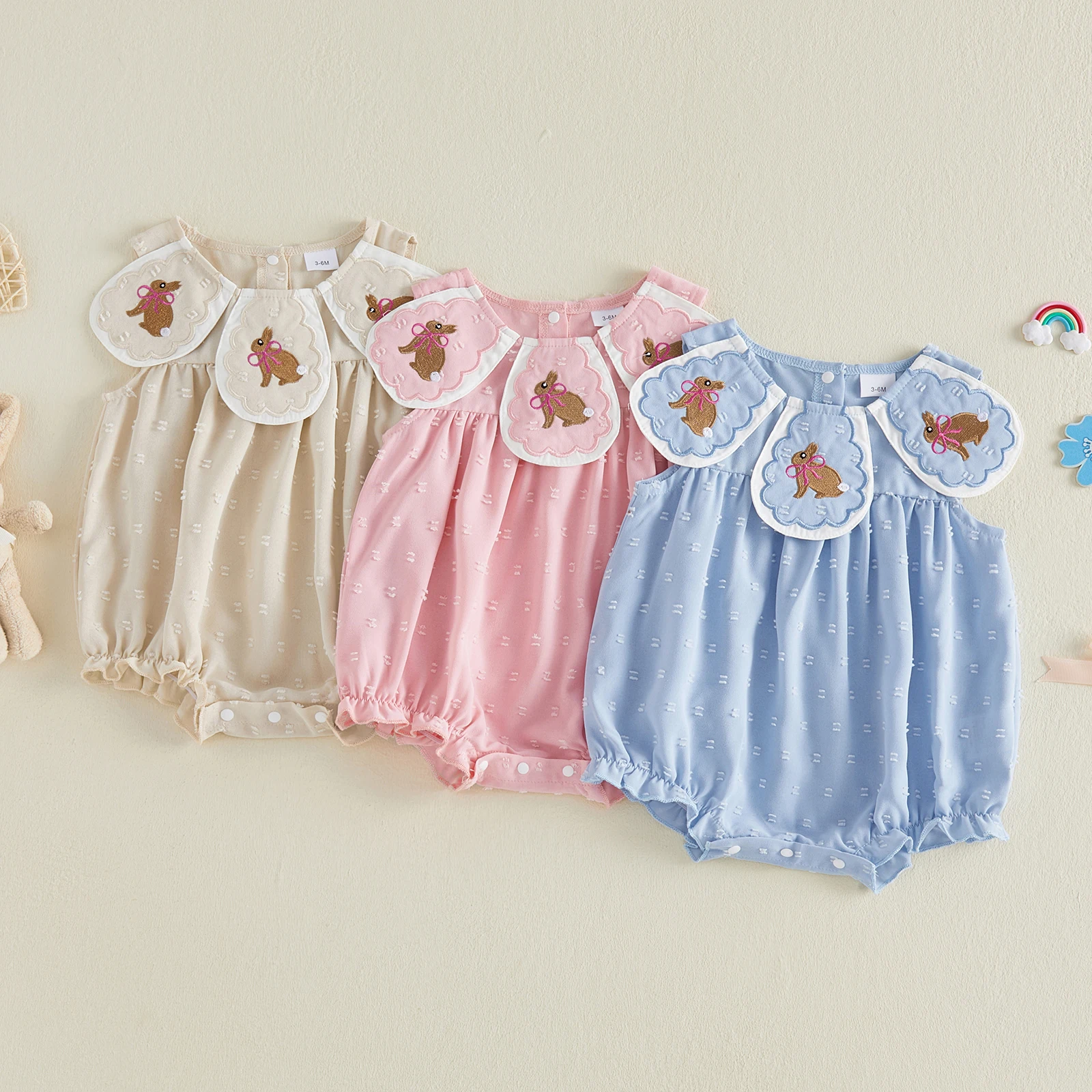 Summer Easter Infant Baby Girls Bodysuit Clothes Bunny Embroidered Sleeveless Jumpsuits Outfits