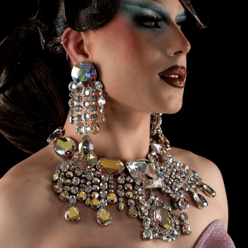 Drag Queen Exaggerated Necklace Earrings Set Performance for Women Fashion Geometric Rhinestone Jewelry Set Tassel Accessories