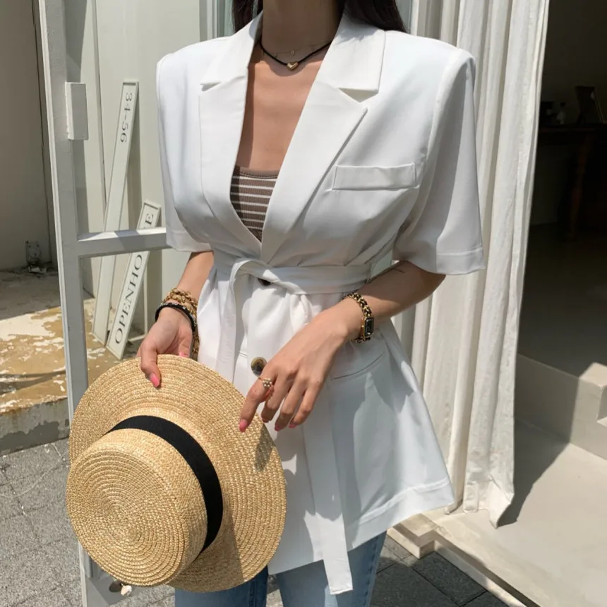 

Women's Chic Loose Fitting oulder Pad Suit Jaet with Ba Split Adjustable Waist Belt Single Button Design Summer Faion