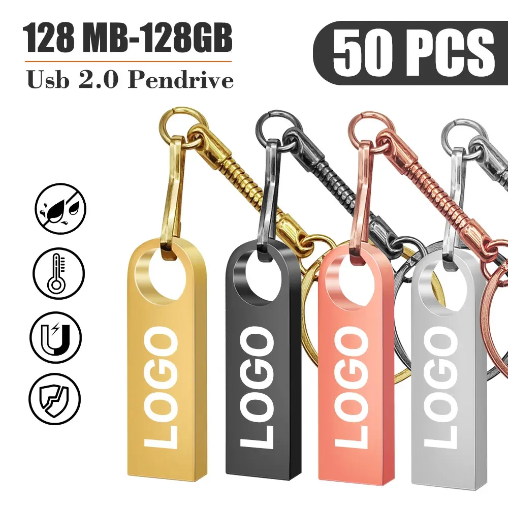 50 Stuks Gratis Aangepaste Logo Usb Flash Drive 4Gb 8Gb 2.0 High Speed Pen Drive 16Gb 32Gb 64Gb 128Gb Pendrive Metal Usb Sticks Met Sleutel