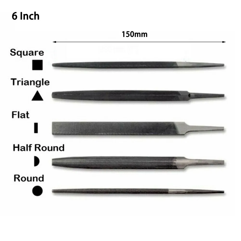 5 Arten von Stahlfeilen ohne Griff, 6 Zoll, 150 mm, rund, halbrund, dreieckig, quadratisch, flacher Schnitt, Metall-Handfeilen für die Holzbearbeitung