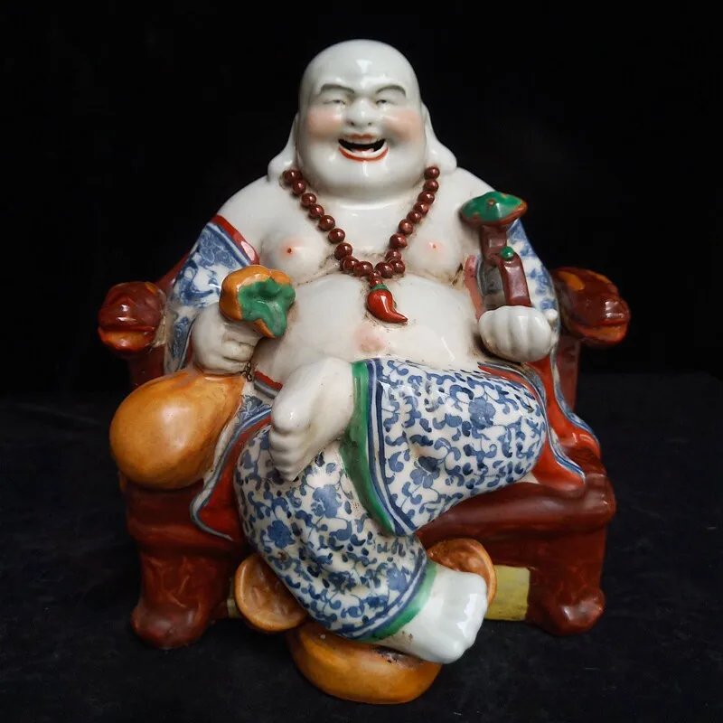Chinese Porcelain Laughing Maitreya Buddha Statue Fujian Guild Hall Colorful Ceramic Ruyi Buddha Figurine Home Feng Shui Decor