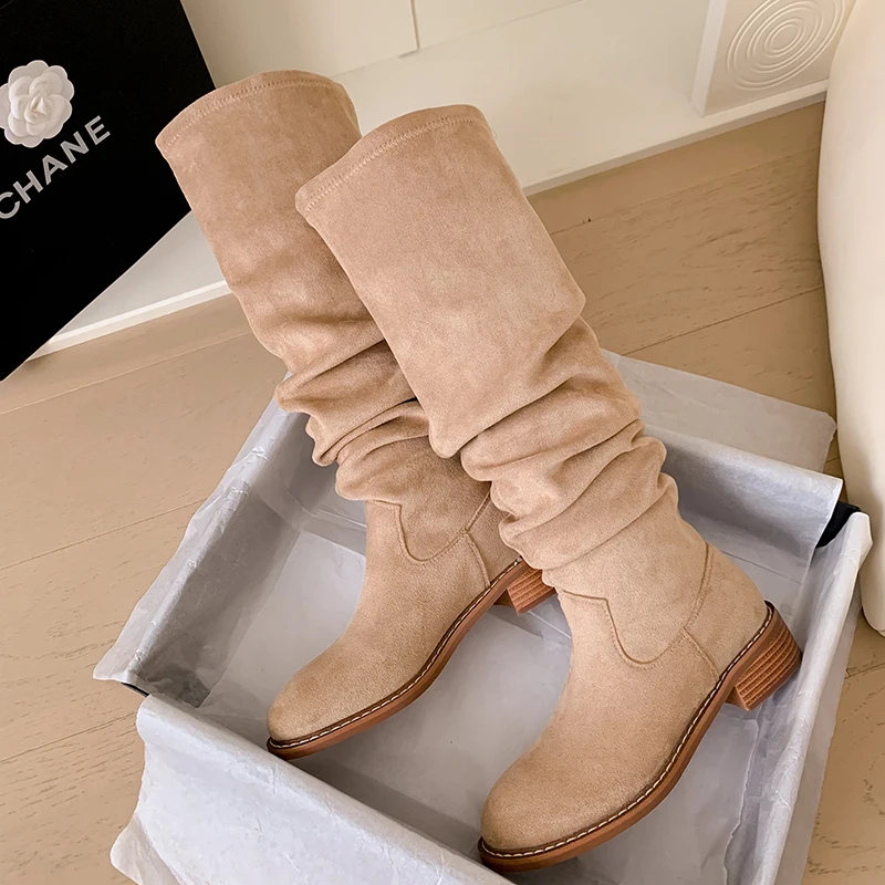 Taoffen Women Knee-high Boots Warm Suede Fashion Pleated Low Chunky Heel Lady Flat Shoes Autumn Daily Footwear Female Long Boots