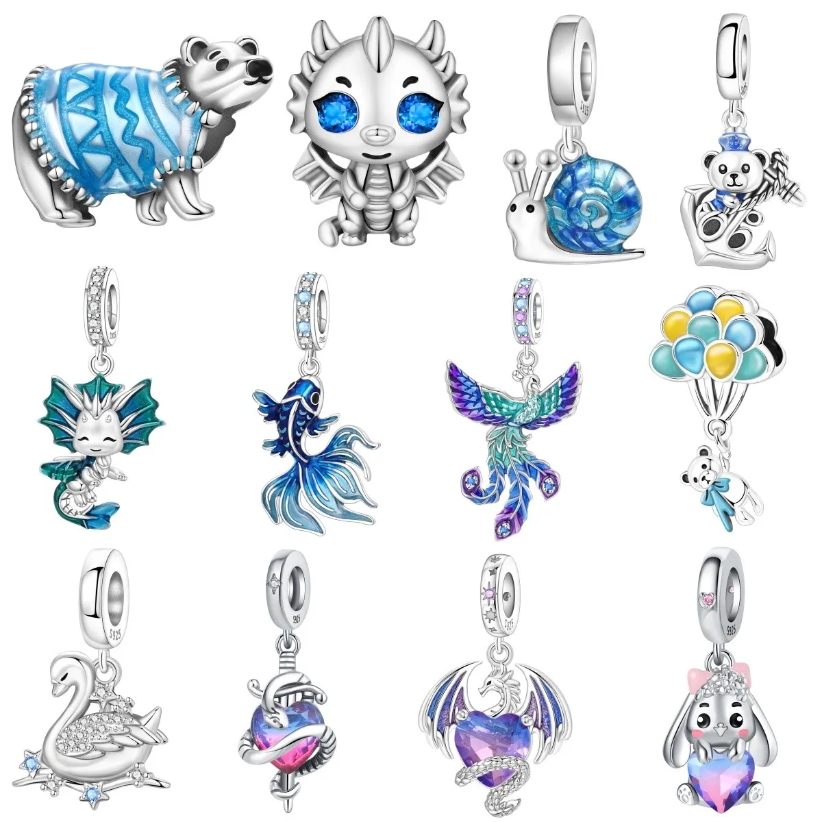 MISEFF S925 Sterling Silver Charm Animals Blue Purple Phoenix Snail Polar Bear Pendant Fit Original Bracelet DIY Jewelry Making