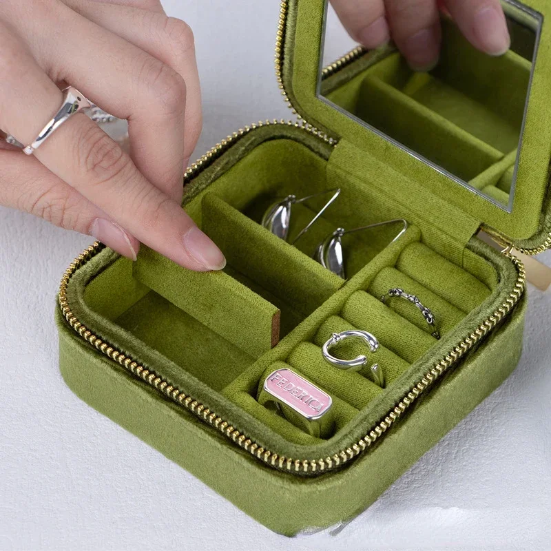 

Rhombus Velvet Jewelry Box with Mirror Women Travel Portable Earrings Ring Necklace Storage Display Jewelry Organizer Box Joyero