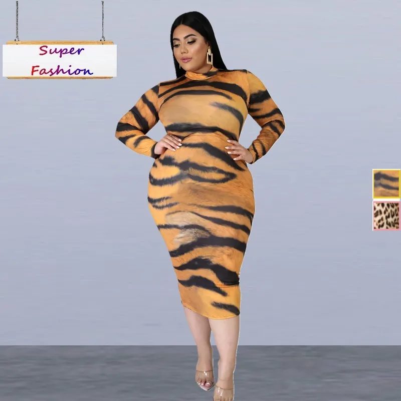 2XL-6XL fall clothes for women plus size dresses fashion leopard tiger printing long sleeve sexy dress Wholesale Dropshipping