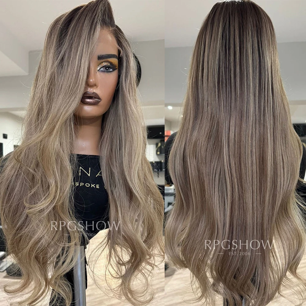 

Женский парик 28 дюймов, натуральный мягкий темно-коричневый, с эффектом волны, с блондинистыми прядями, высококачественный синтетический, с кружевной передней частью, свободная линия роста волос