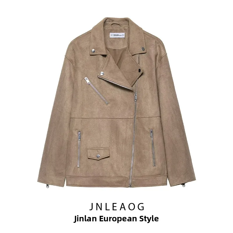 معطف JNLEAOG للسيدات من Faion للدراجات النارية Jaet للخريف الجديد متعدد الاستخدامات من جلد الغزال الصناعي 30284 معطف فضفاض غير رسمي من البوليستر