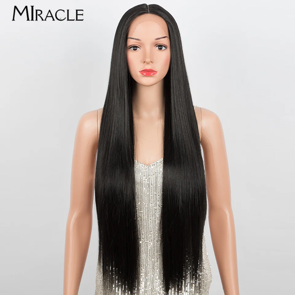 MIRACLE 34 Inch Long Straight Synthetic Lace Front Wigs for Women Cosplay Straight Lace Wig Black 613 Green Pink Wig