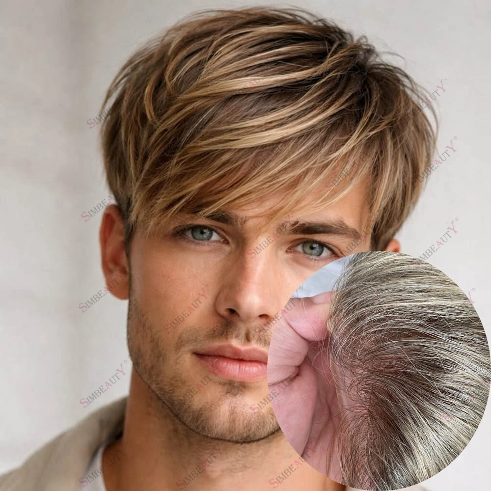 

Brown Roots 4T613 European Male Man's Human Hair Toupee Natural Hairline 100% Remy Human Hair Men Toupee Durable Vloop PU Base