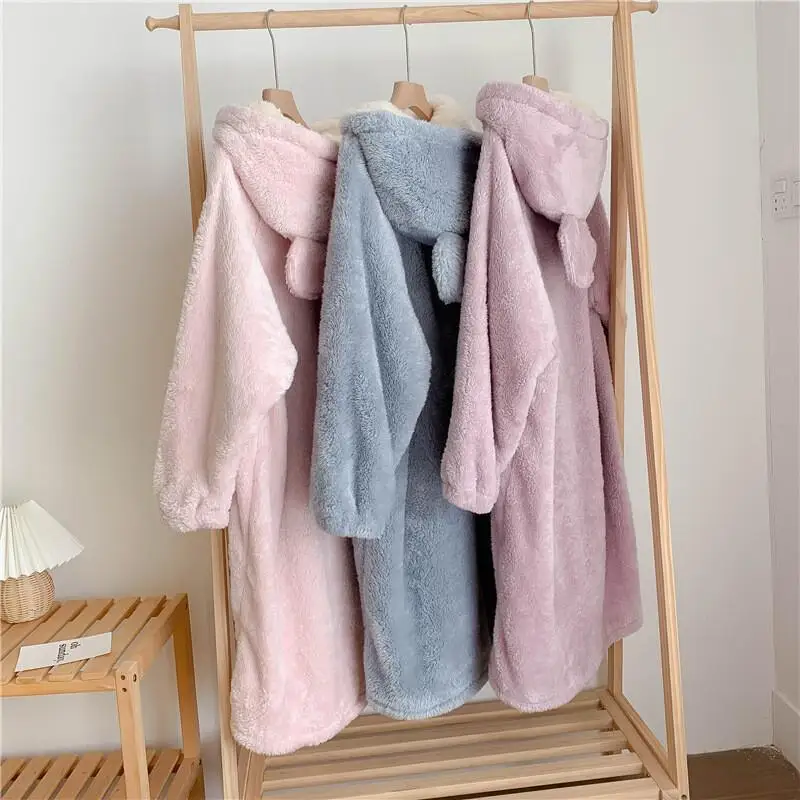 

Women's Bathrobe Pajama Set Comfortable Sleepwear Winter Coral Fleece Pajamas Long Hooded Cute Sweet Thick Fluffy Robe for Home