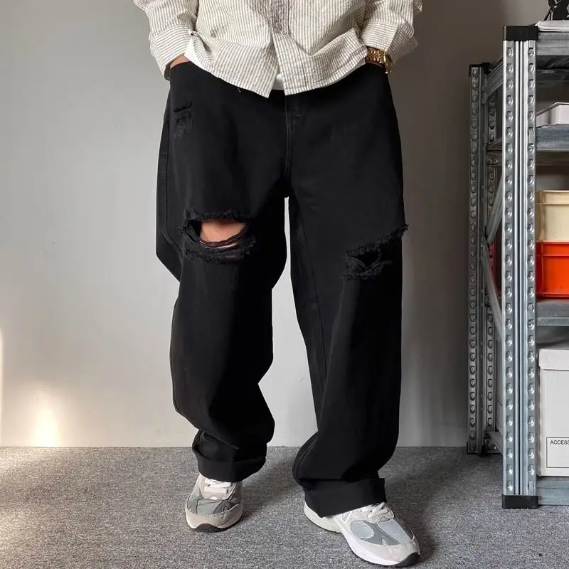 

Black Wide Leg Casual Jeans High Waist Torn Denim Pants Men Women Loose Fit Dad Long Trousers Street Style Spring Fashion