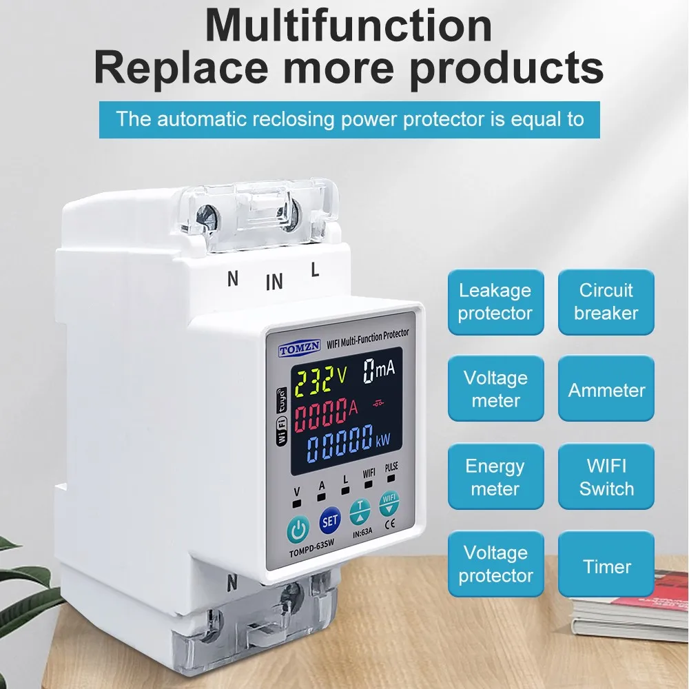 TOMZN 2P 63A 110V 220V Smart Life WIFI interruptor Kwh medición disyuntor temporizador con corriente de voltaje y protección contra fugas