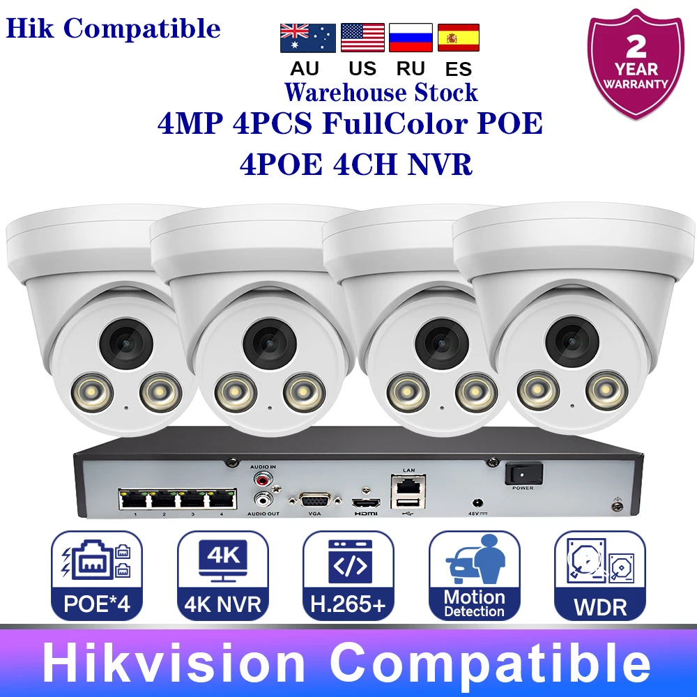 HIkvision Compatible 4MP Full Color Built-in Micr POE Turret Network Camera DS-7604NI-Q1-4P 4POE 4CH NVR KITS