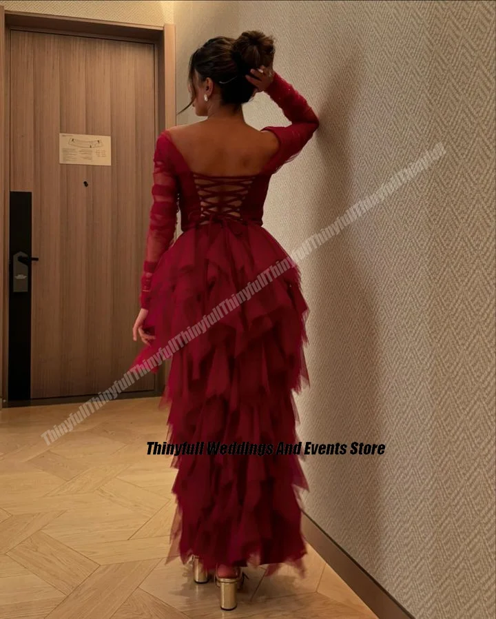 Thinyfull Off Shoulder Tulle Prom Dresses Long Sleeves Evening Party Gowns 2024 Floor Length Dubai Formal Occasion Dress