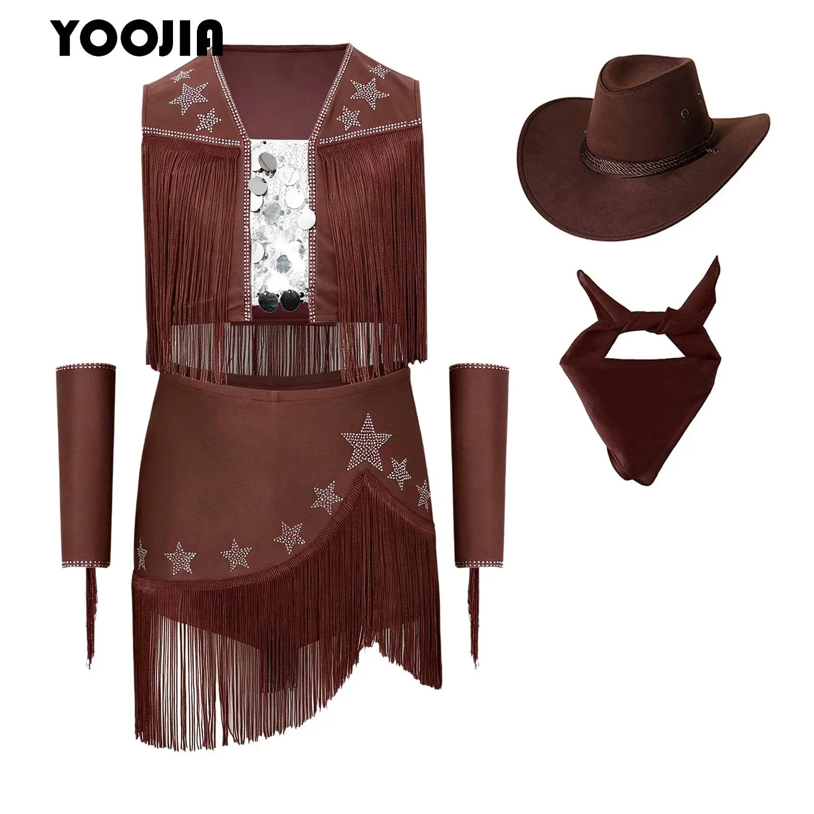 Kids Jazz Dance Cowboy Dress Up Western Cowgirl Hippie Costume Girls Sequin Rhinestone Tassel Tops with Fringed Skirt Gloves Hat