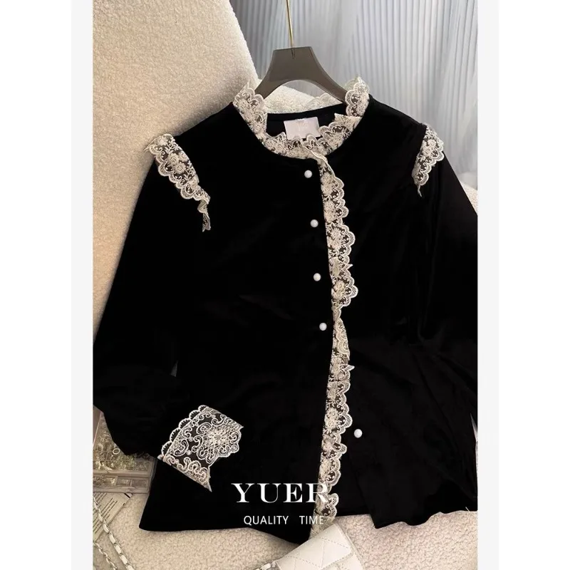 Women Shirt Blouse Lace  Autumn Winter Velvet Long Sleeve Top for  Blusas Ropa De Mujer Black 2024 Tops