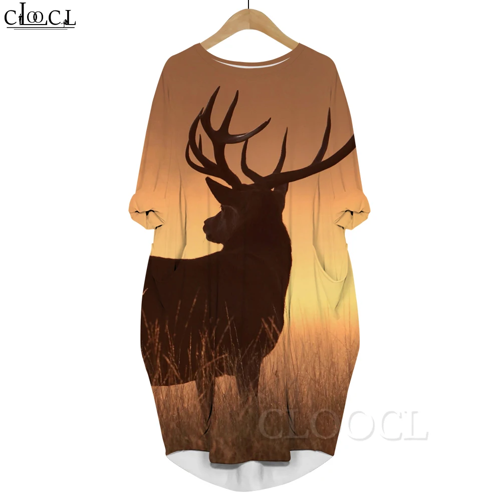 CLOOCL Popular Animal Long Sleeves Dress Loose Casual Pullover Dress Sunset Elk Graphics 3D Printed Pocket Dress for Women