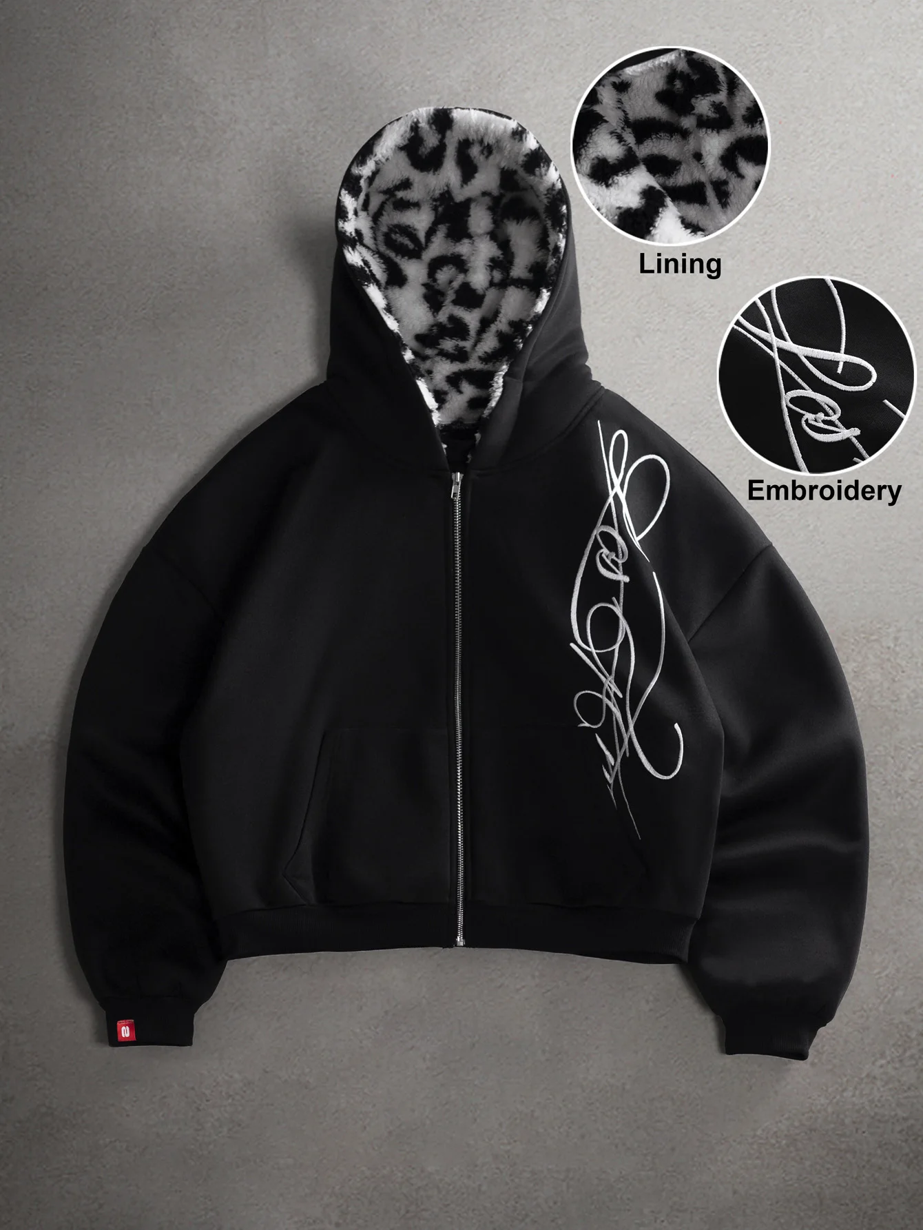 Men's Zip Up Hoodie, Leopard Print Only In Hood Lining, Abstract Embroidery Cropped Streetwear Sweat Jacket S-2XL