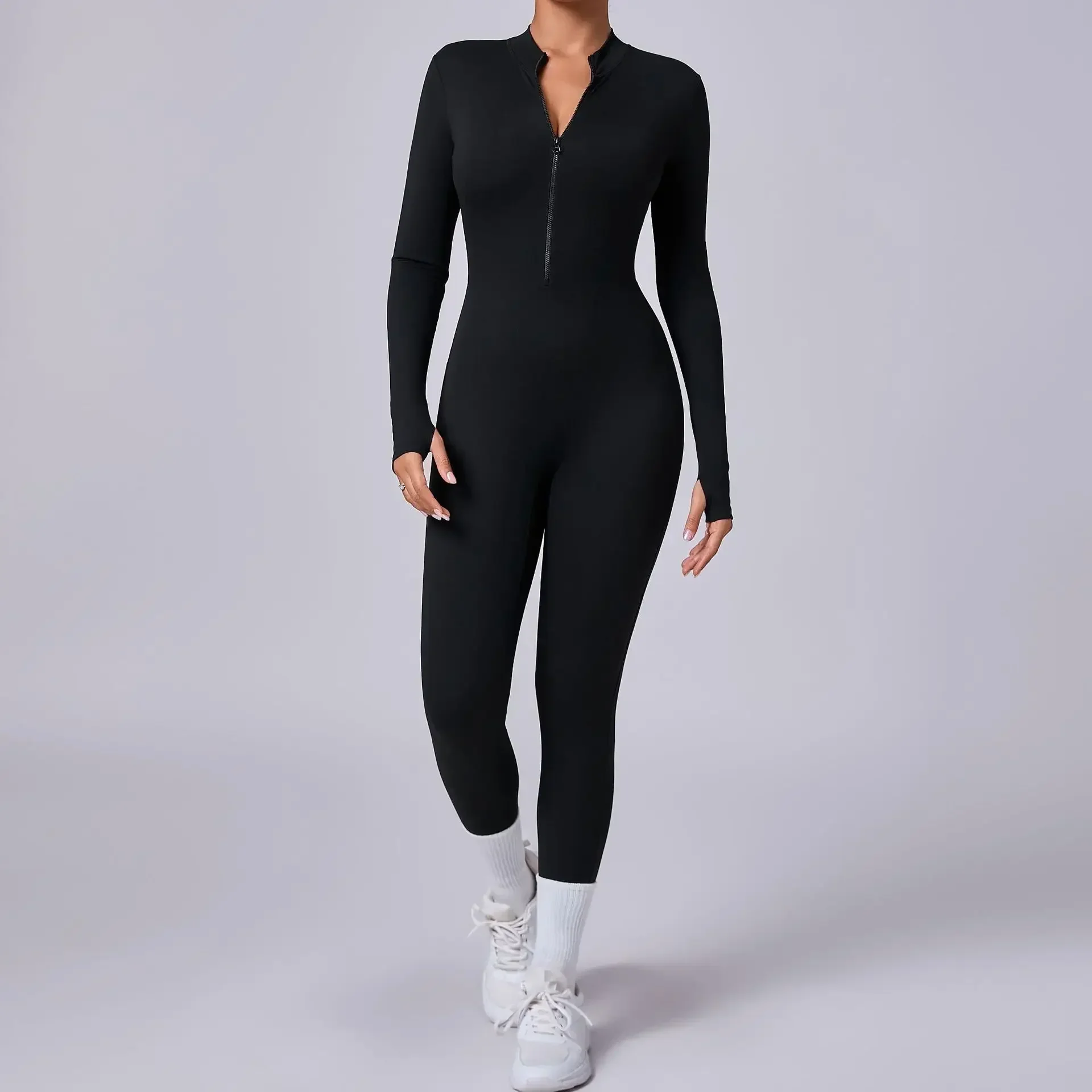 Autumn Long Sleeve Zipper Sporty Bodycon Jumpsuit Women Sportwear One Piece Gym Workout Clothes Black Fitness Overalls Tracksuit