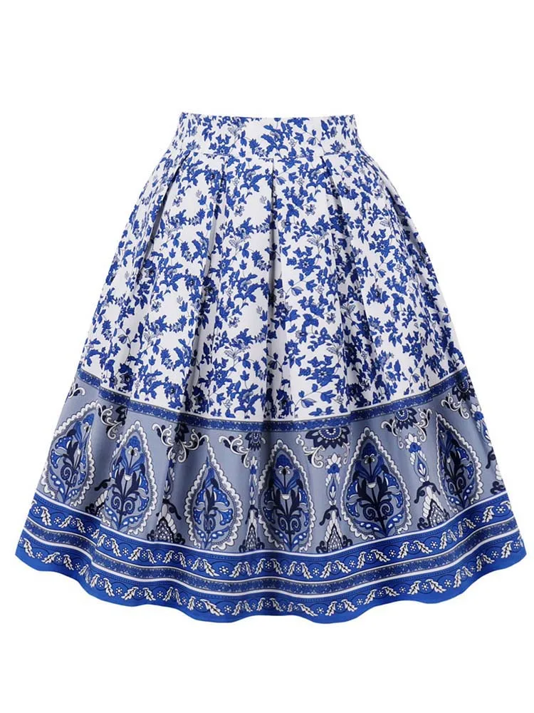 Floral Pleated Short Skirt For Women Summer Vintage High Waist Midi Skirt Female Vacation