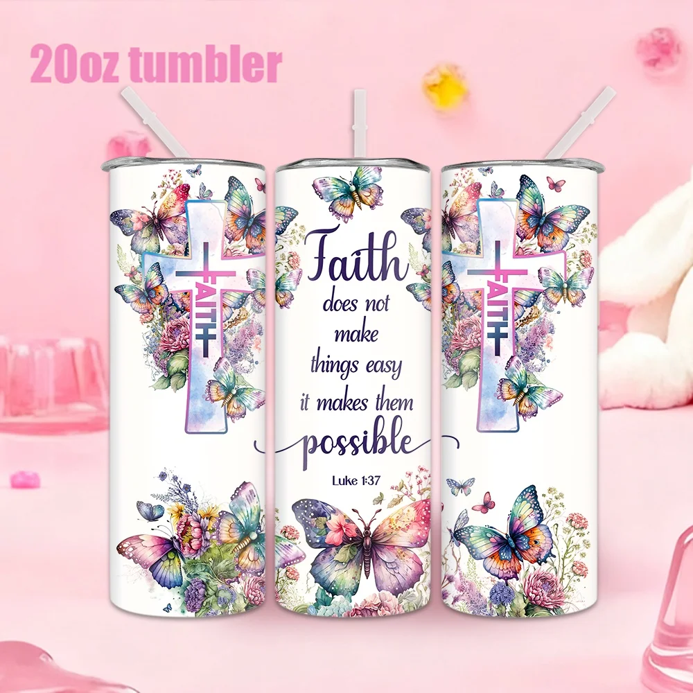 1 Stück 20oz Trinkflasche mit Strohhalm, isolierter Edelstahl-Wasserbecher mit Kreuz-, Schmetterlings-, Blumen- und Bibeldesign.