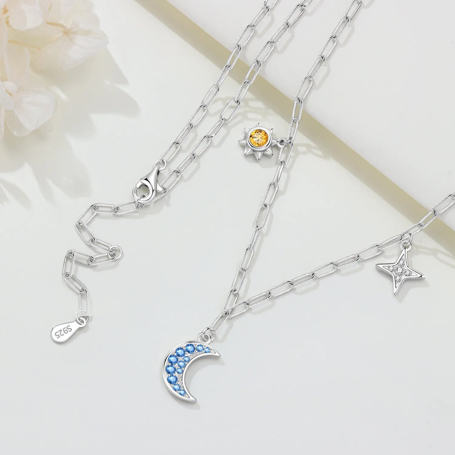 Orstarry S925 Sterling Silber Stern Blauer Mond Sonne Halskette für Frauen Geburtstag Originelle Geschenke Mode Feiner Schmuck – Detail 3