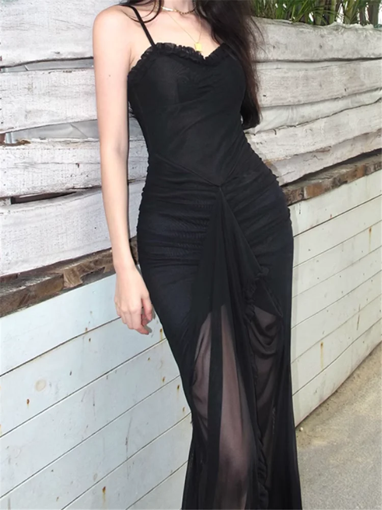 Women Fashion Pleated Ruffles Irregular Black Yellow Sexy Dress Spicy Girl Split Vacation Beach Summer Holiday Seaside Dress