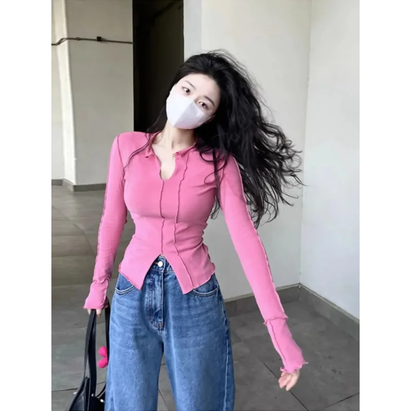 Right Shoulder Long Sleeve T-shirt Women's New Bottoming with Tight Fit and Short Top